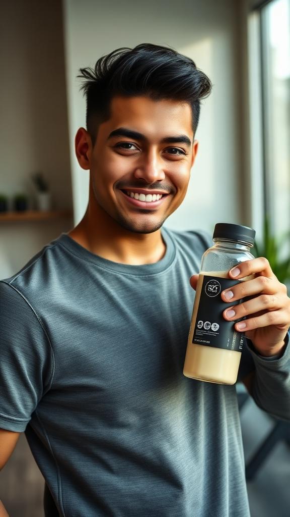 Latino fitness creator with protein shake